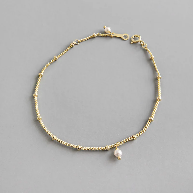 

925 Sterling Silver Simple Bead Chain Bracelet Real Gold Plated S925 Freshwater Pearl Pendant Strand Bracelets For Students