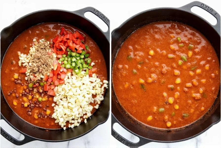 Step-by-step preparation of southwest chicken chili showing ingredients in cast iron pot