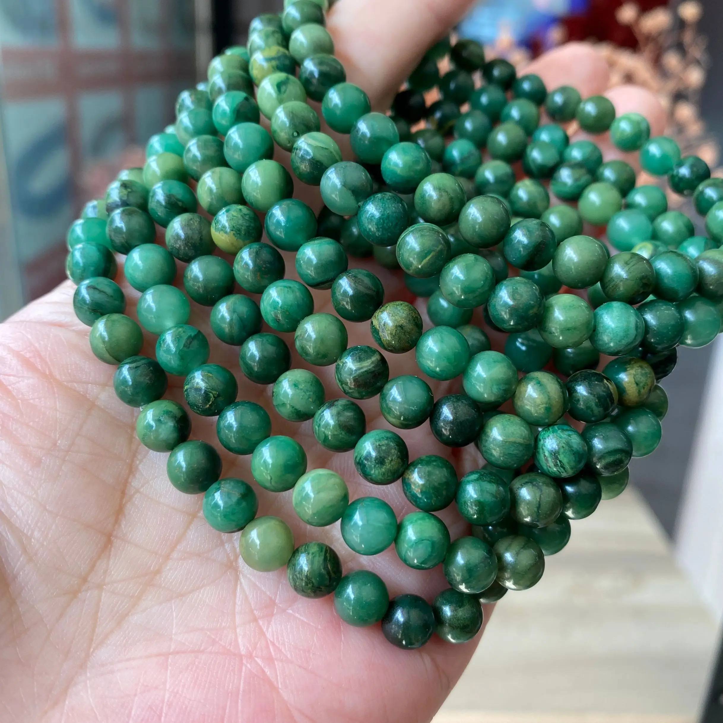 

African Jade Undyed Natural Stone Handmade Elastic Bracelet 6mm Round Beaded Africa Green Jade Bracelet