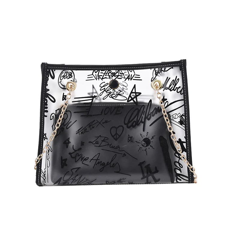 

Frosted Women Clear PVC Casual Tote Bags Personality Graffiti Large Hand Bags Designer Chains Handbag Luxury Handbags for Women
