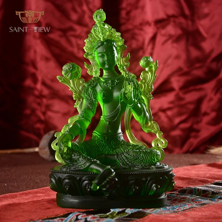 

Factory Wholesale Liuli Jade Buddha Statue Green Tara Five Size H12cm