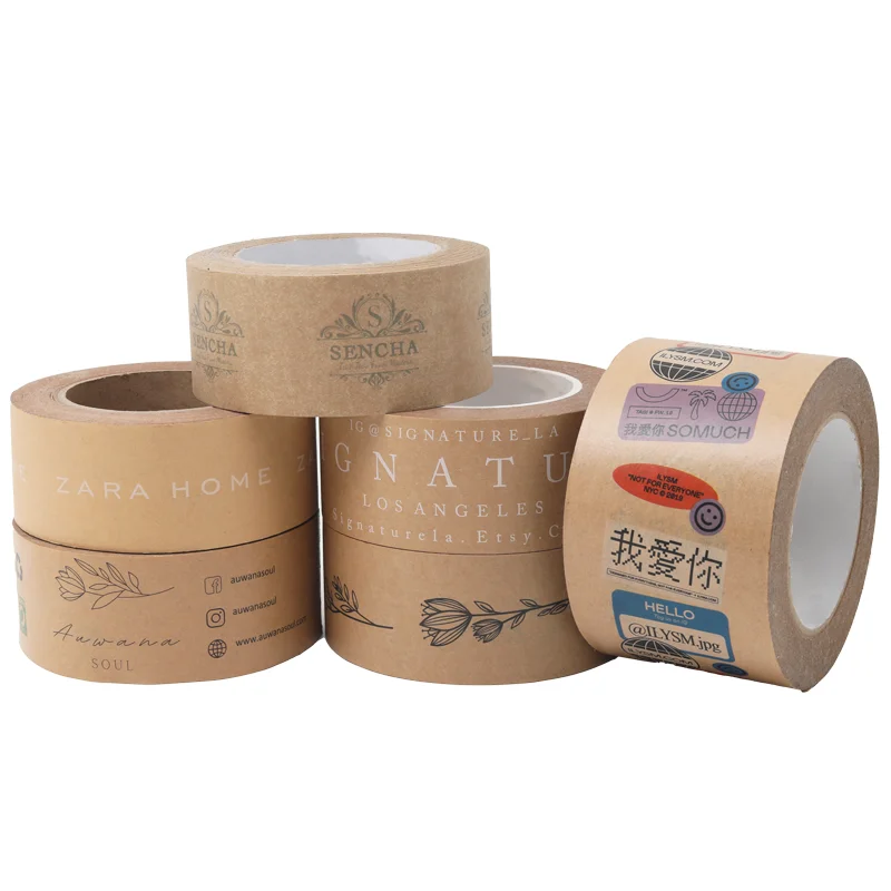Branded Kraft Paper Biodegradable Brown 50m Tape Custom Logo Adhesive Colored Craft Water Activated Acrylic Single Sided