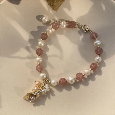 

Elegant Newest Gold Plated Strawberry Crystal Freshwater Pearl Beads Flower Charm Bracelet Natural Agate Beads Pearl Bracelet