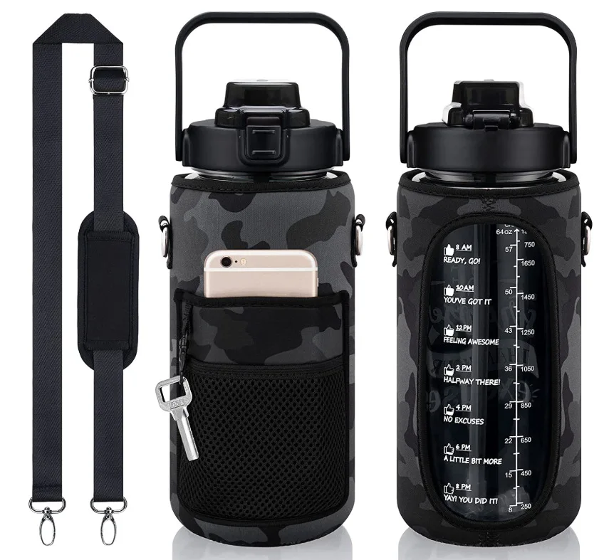 

Doyoung 64oz / 2l 2.2l Half Gallon Gym Motivational Water Bottle with Sleeve Carrier Storage Phone Pocket and Strap Bpa Free