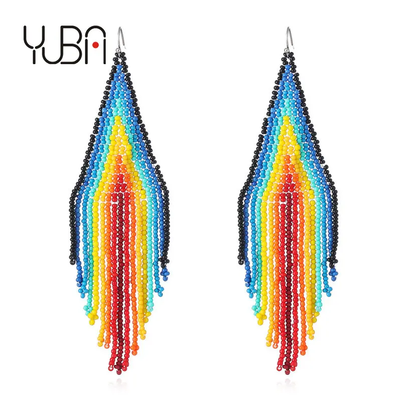 

exotic geometric hand-worn rice beads tassel Rainbow earrings multicolor rice beads earrings