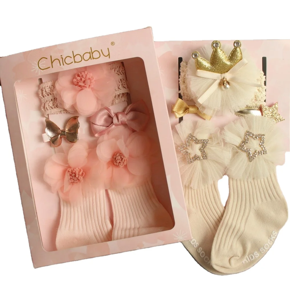 

Cute New Born Baby Girls Lace Ruffle Tutu Socks Frilly Ankle Princess Anti Slip Socks Headband Hair Clip Baby Socks Gift Set