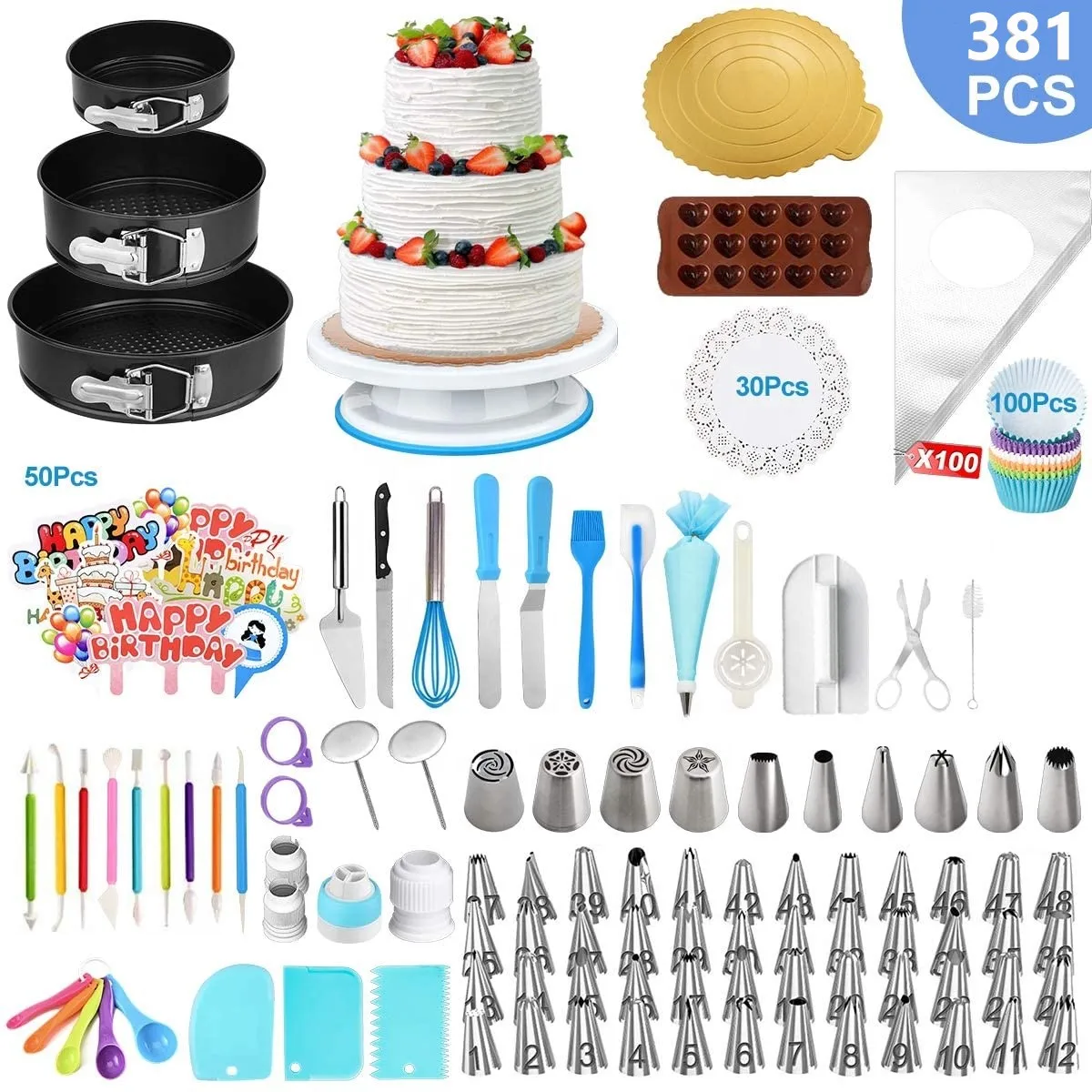 

381 Pcs Cake Decorating Supplies Kit, Baking Pastry Tools with Cake Rotating Turntable 48 Icing Piping Tips, Picture