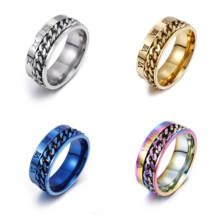 

NUORO Hot Trendy Stainless Steel Rotating Band Rings Women Men Fine Jewelry Cuban Link Roman Numeral Anxiety Fidget Spinner Ring, Gold/silver/black/blue/rainbow