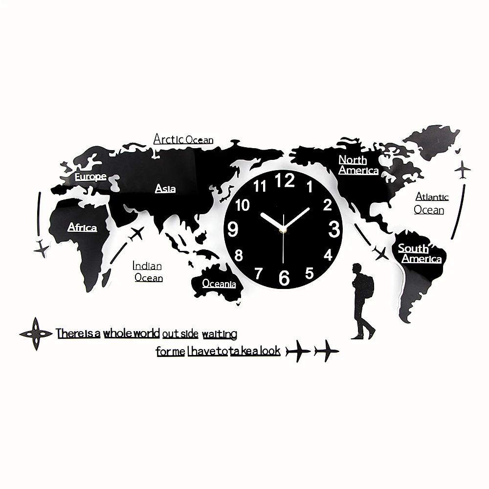 

2021 World Map clocks 3d office art creative nordic design luxury Acrylic big home decoration modern Wall Clocks relojes horloge, Black/brown