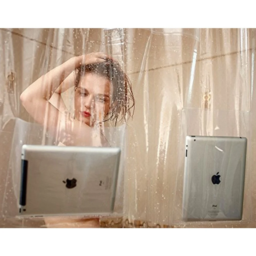 

i@home Thick waterproof transparent eva shower curtain with pockets, White