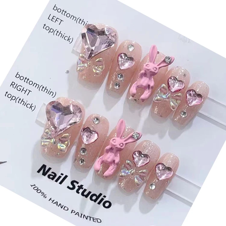 

Handmade 10pcs 3D Pink Bunny Luxury French Tip Nails Ombre Heart Diamond Coffin Ballerina Artificial Fingernails Press on nails