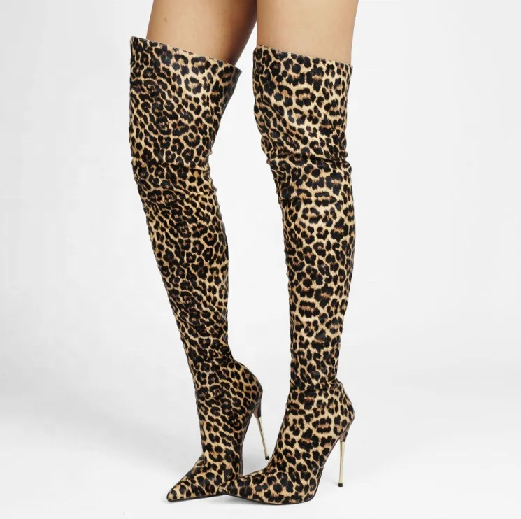 

Over Knee Length Winter Boots Sexy Leopard Print Thin High Heel Fashionable Boots High Quality Pointed Toe Suede Stretch Boots