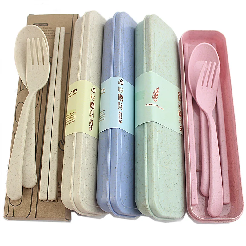 

Eco-Friendly Plastic Set Wheat Straw with Case Picnic And Reusable Bamboo Biodegradable Cutlery, Green/beige/pink/blue