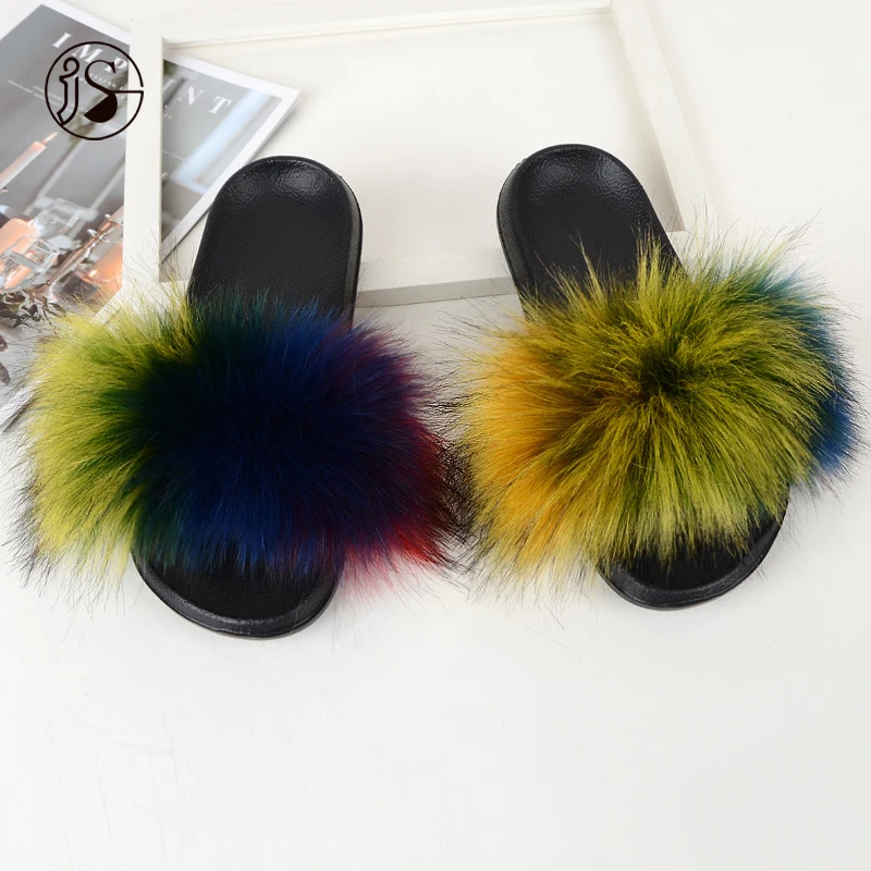 

Faux raccoon fur women slippers long furry fox fur slippers women fashion slides footwear ladies slippers, Picture