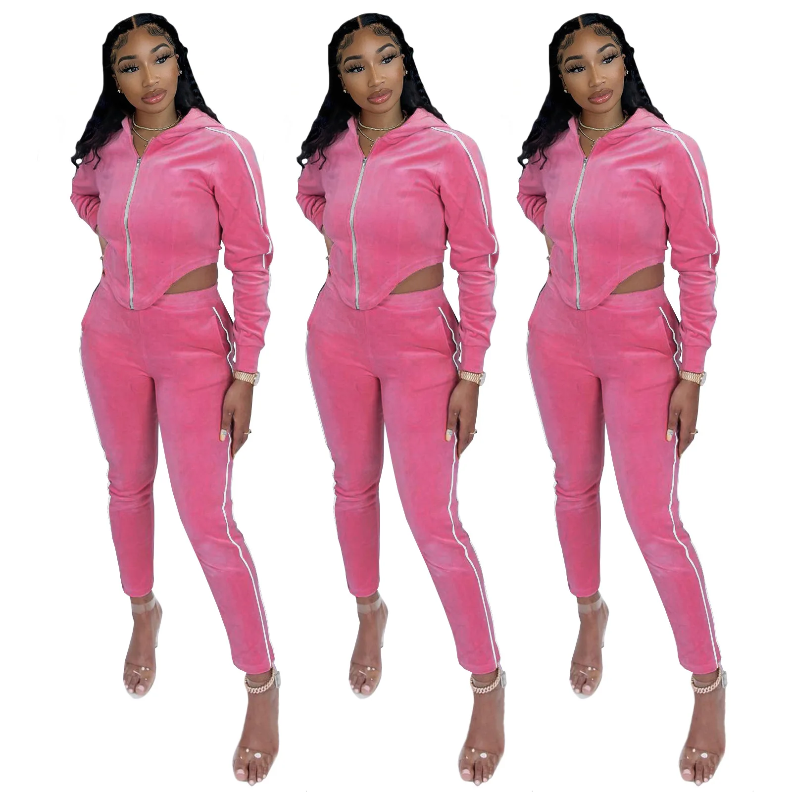 

2021 Fashion Pure Color Slim Velvet Pink 2 Two Piece Set Women Velour Crop Jacket Jogger Tracksuit