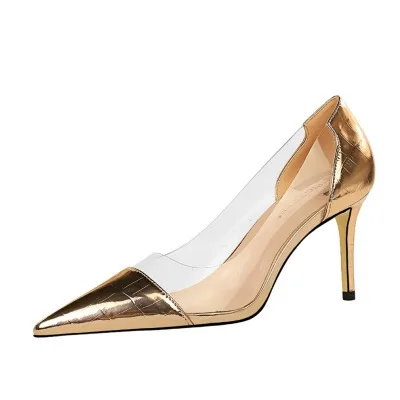

SP910 ladies designer pu leather shoes female pointed patchwork sexy transparent high heel shoes