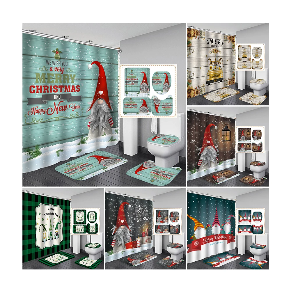 

Christmas Custom 4 Pieces Bathroom Waterproof Non Slip Rug Shower Curtain For bathroom Xmas Decoration