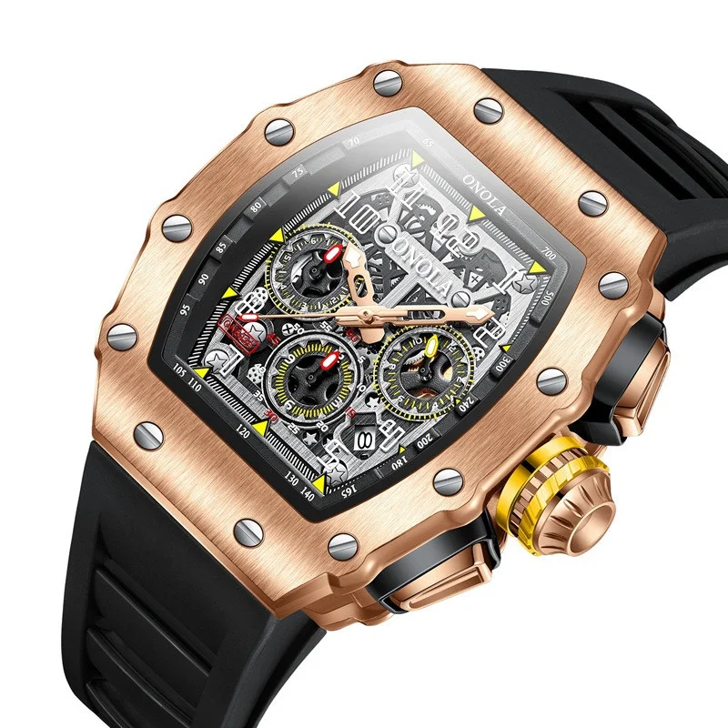 

Top Brand ONOLA 6826 Luxury Tonneau Skeleton Wristwatches Luminous Quartz Chronograph Watches Men Wrist