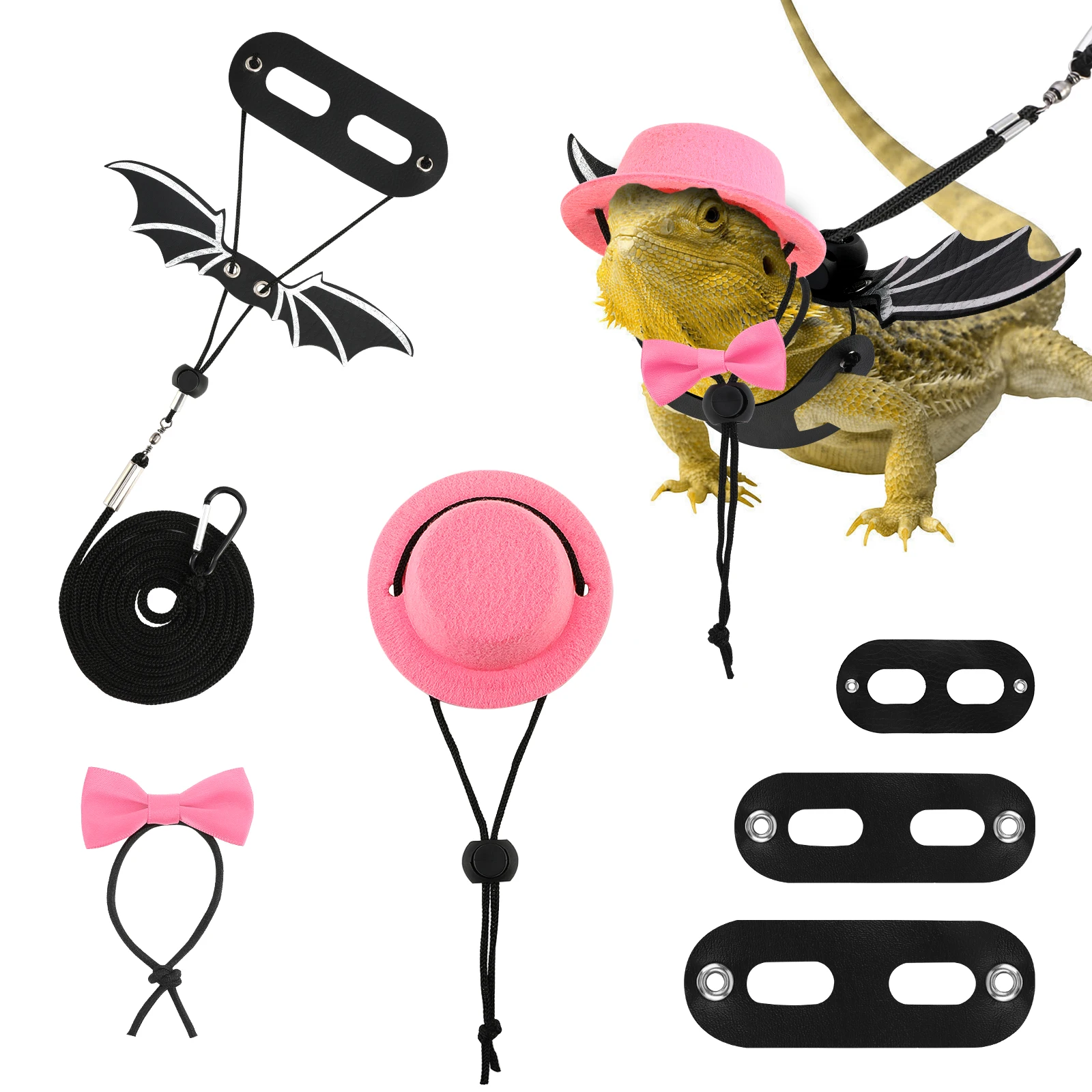 

Lewondr 3 Pack Bearded Dragon Lizard Leash Harness, Adjustable Bat Wings with Hat & Bowknot Soft Leather Reptile Leash, Black & pink/black & red