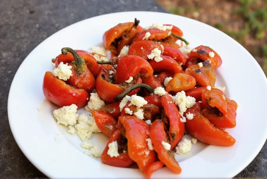 Balsamic roasted mini peppers with feta cheese on white ceramic plate