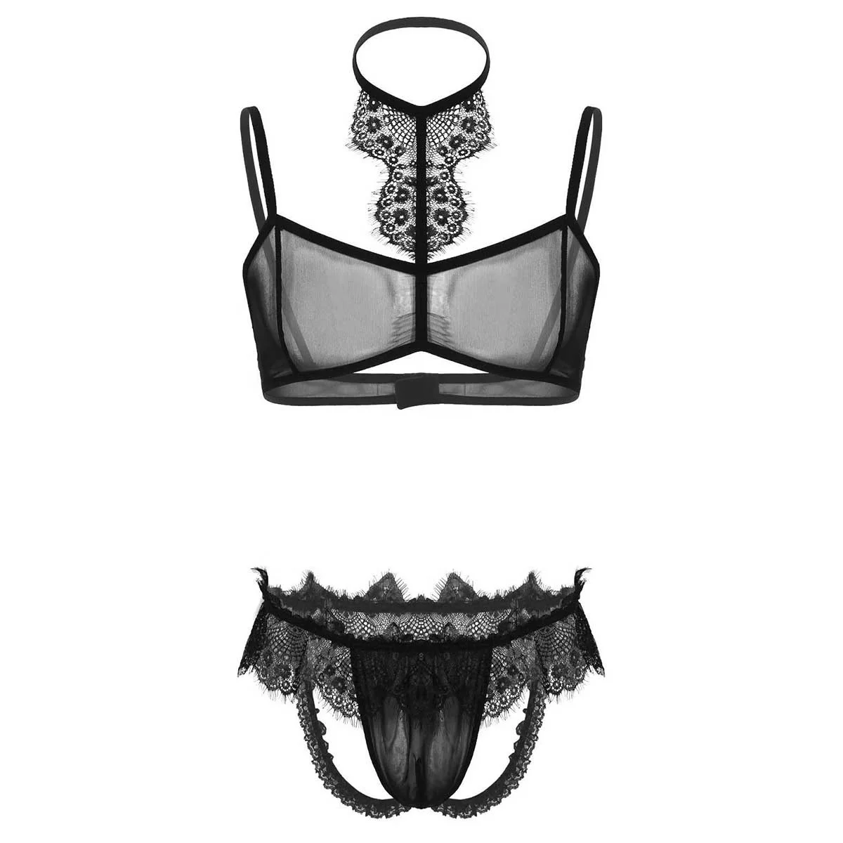 

Men's Sissy Erotic See Through Mesh Lace Underwear Set Spaghetti Shoulder Straps Bra Top Open Butt Jockstrap Briefs Underwear