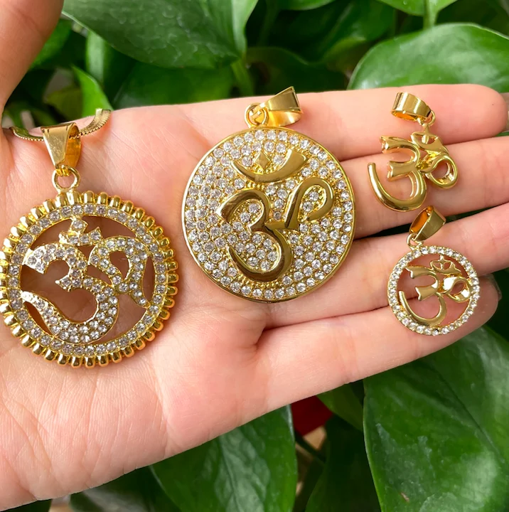 

HipHop Jewelry Titanium Steel Gold plated with diamond Inset Ancient Indian Yoga OMOM symbol pendant necklace