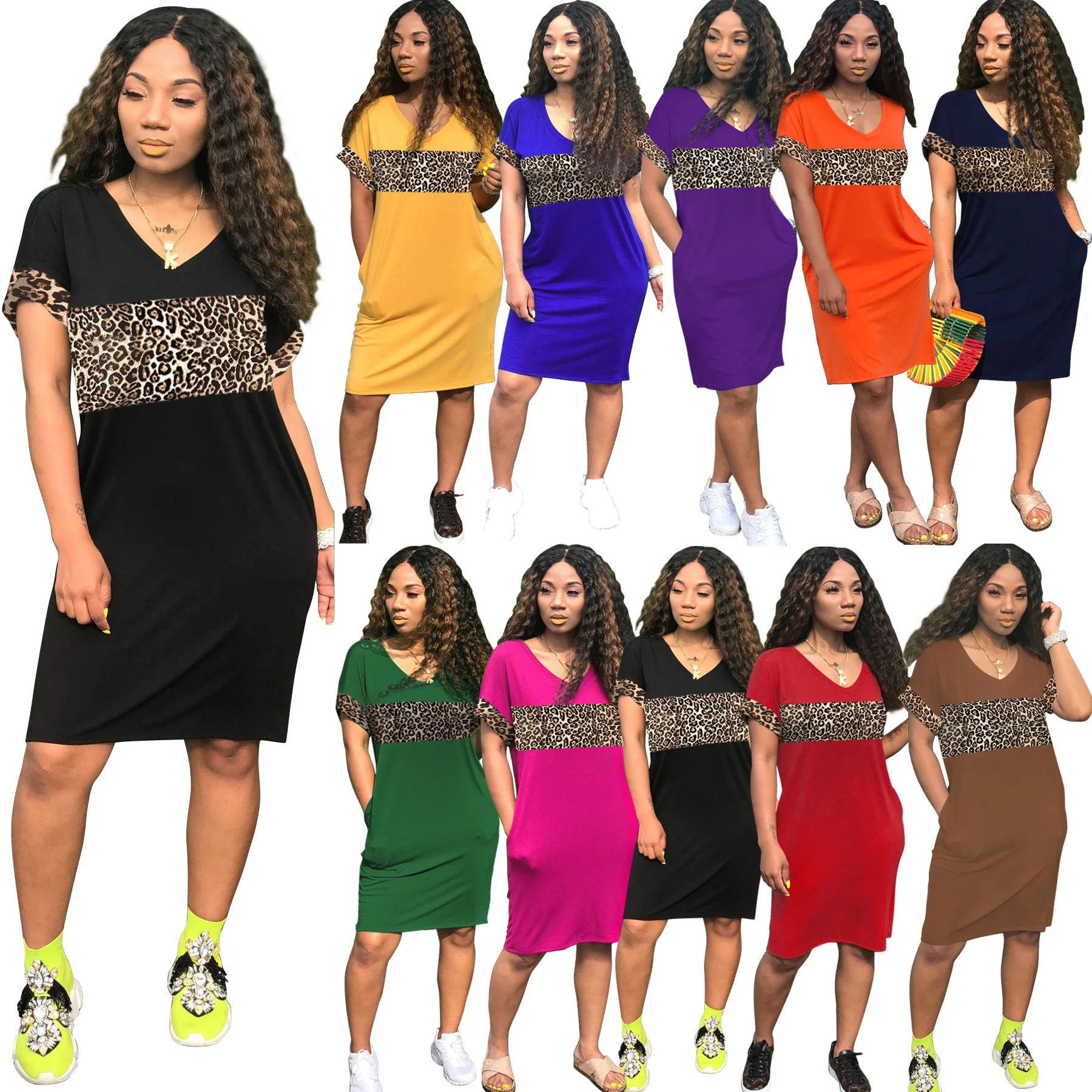 

dresses for women casual wear V-neck leopard printing splice plus size dresses summer one-piece dress for women, Yellow/orange/red/purple/green/brown/navy/black/rose red/ blue
