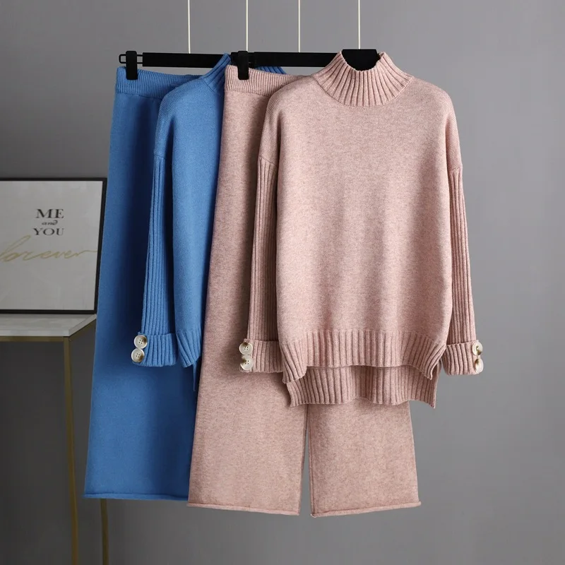 

10%OFF Autumn/winter new knitted suit women temperament half turtleneck sweater thickened outer wear loose two-piece suit