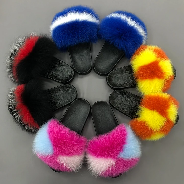 

Custom logo rainbow fur slide slipper 2021 big fluffy fur slides genuine fashion women fox fur slide, Customized color
