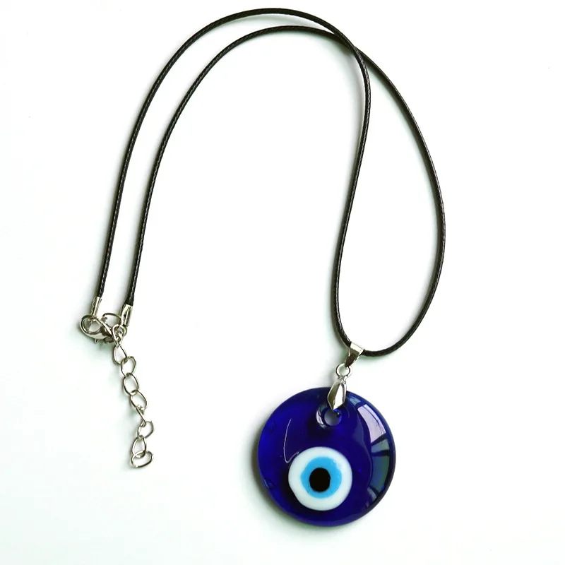 

Devil Evil Eyes Turkey Blue Eye Flat Round Glass Pendant Waxed Cord Necklace