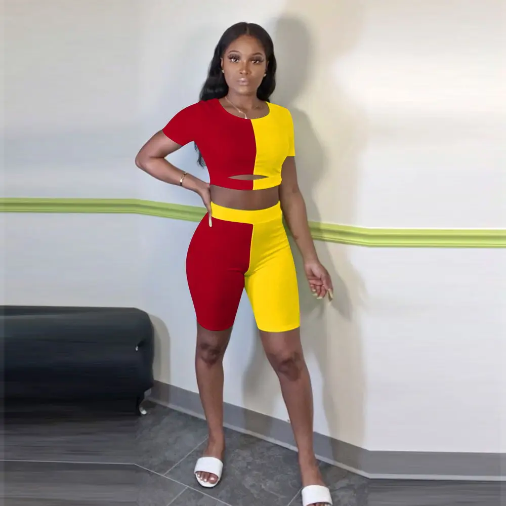 

p8572 Dropshipping patchwork summer sets for women clothing plus size women two piece sets 2021 crop top summer outfits