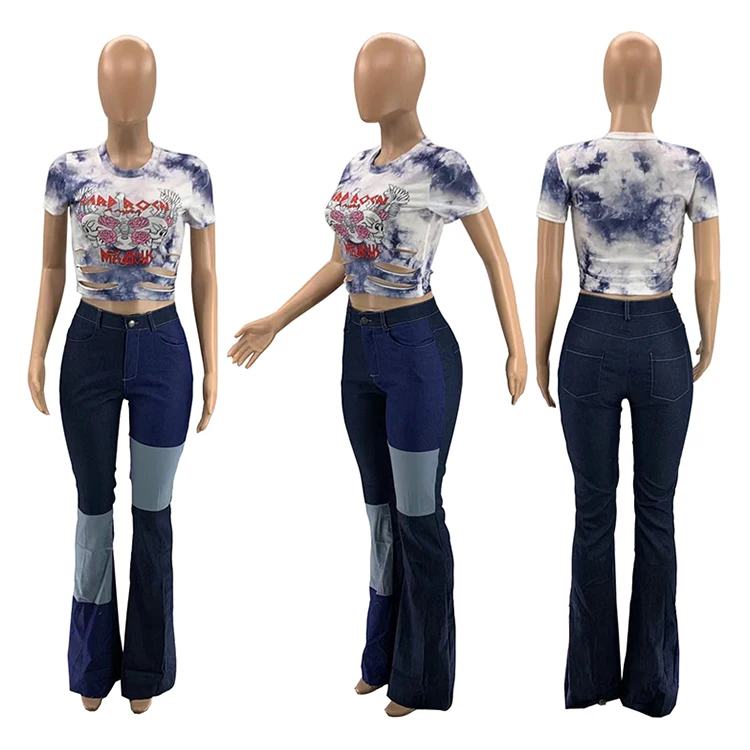 

2021 new arrivals summer blue vintage stylish skinny plus size women high waist flared jeans trousers clothes clothing, Red, blue