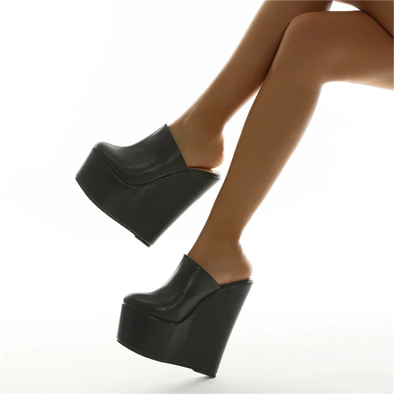

Platform Wedge Round head Pumps Slippers Black Summer Shoes Women Sexy Super High Sandal Slippers Black Size 35-42