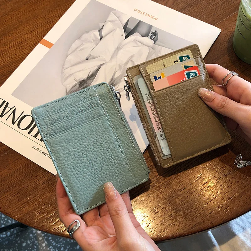 

Cowhide card bags men's and women's document bag multi-card slot ultra-thin coin wallets real leather card holder with zipper, Black,blue,coffee,brown,yellow