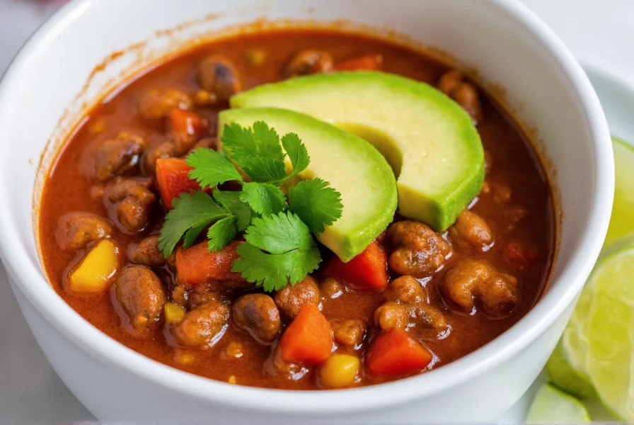 Colorful vegetable chili serving with toppings including avocado, cilantro, and lime wedges