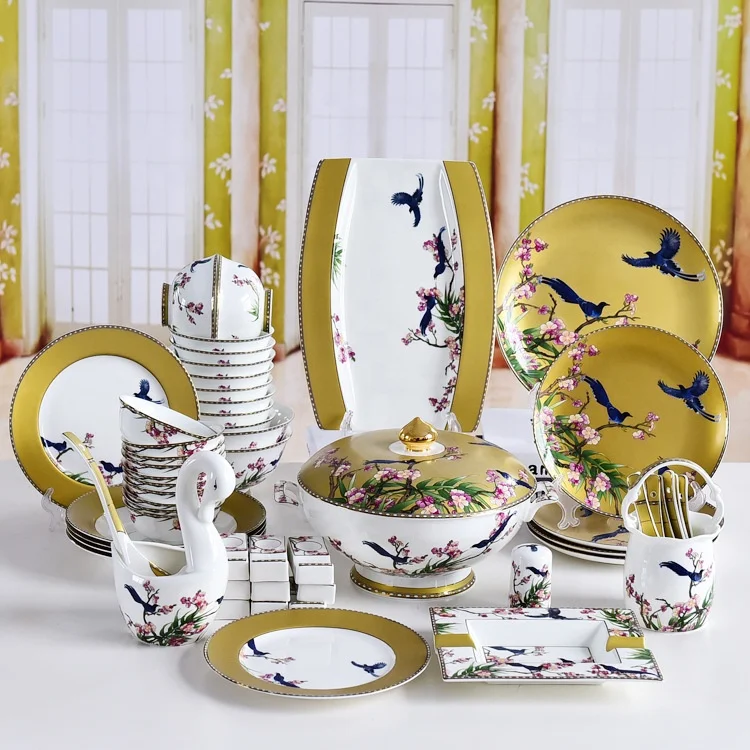 

Ceramic Tableware Set Bone China Bowl and Plate Set 60 European-style High-end Hand-painted Dinner set, As shown