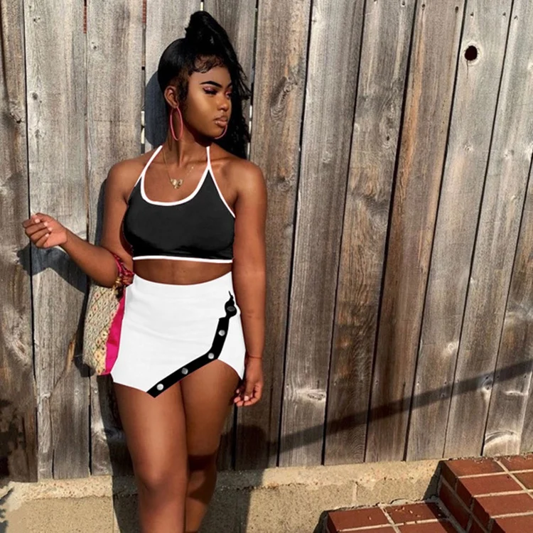 

Fashion Contrast Color Irregular Crop Cami Top And Skirt Set For Women, White,pink,light blue,red,black