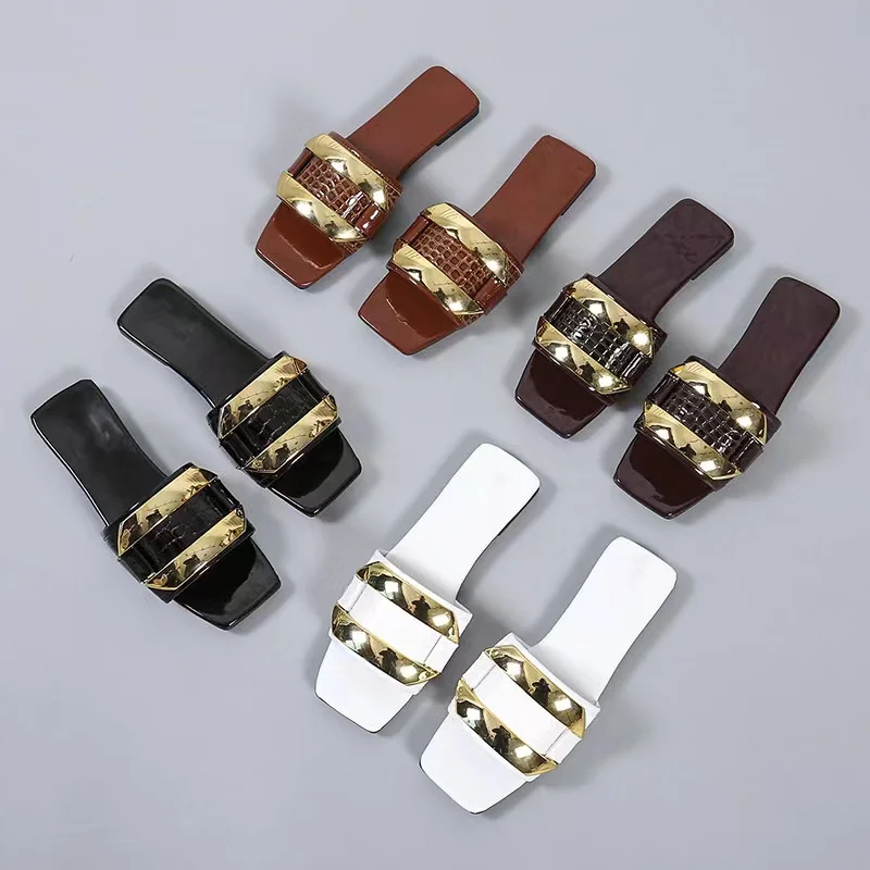

Summer new arrival fashion flat casual metal chain outdoor slippers round toe plus size beach solid color slippers women shoes, Four colors or customized