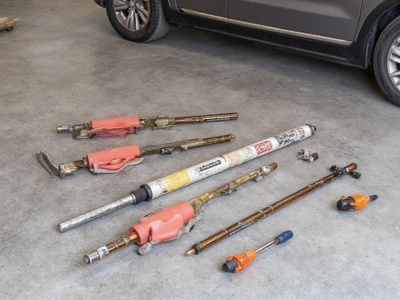 DIY alignment tools laid out on garage floor