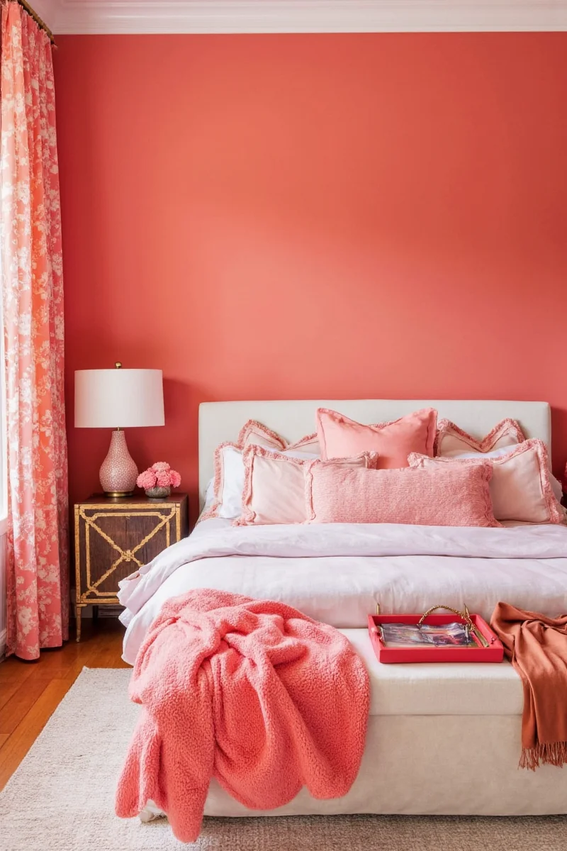 White Walls with Coral Curtains