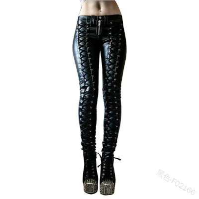 

FD6336 2020 Hot Style Lady Trousers Casual Lace-up PU Leather Pants For Women, Picture