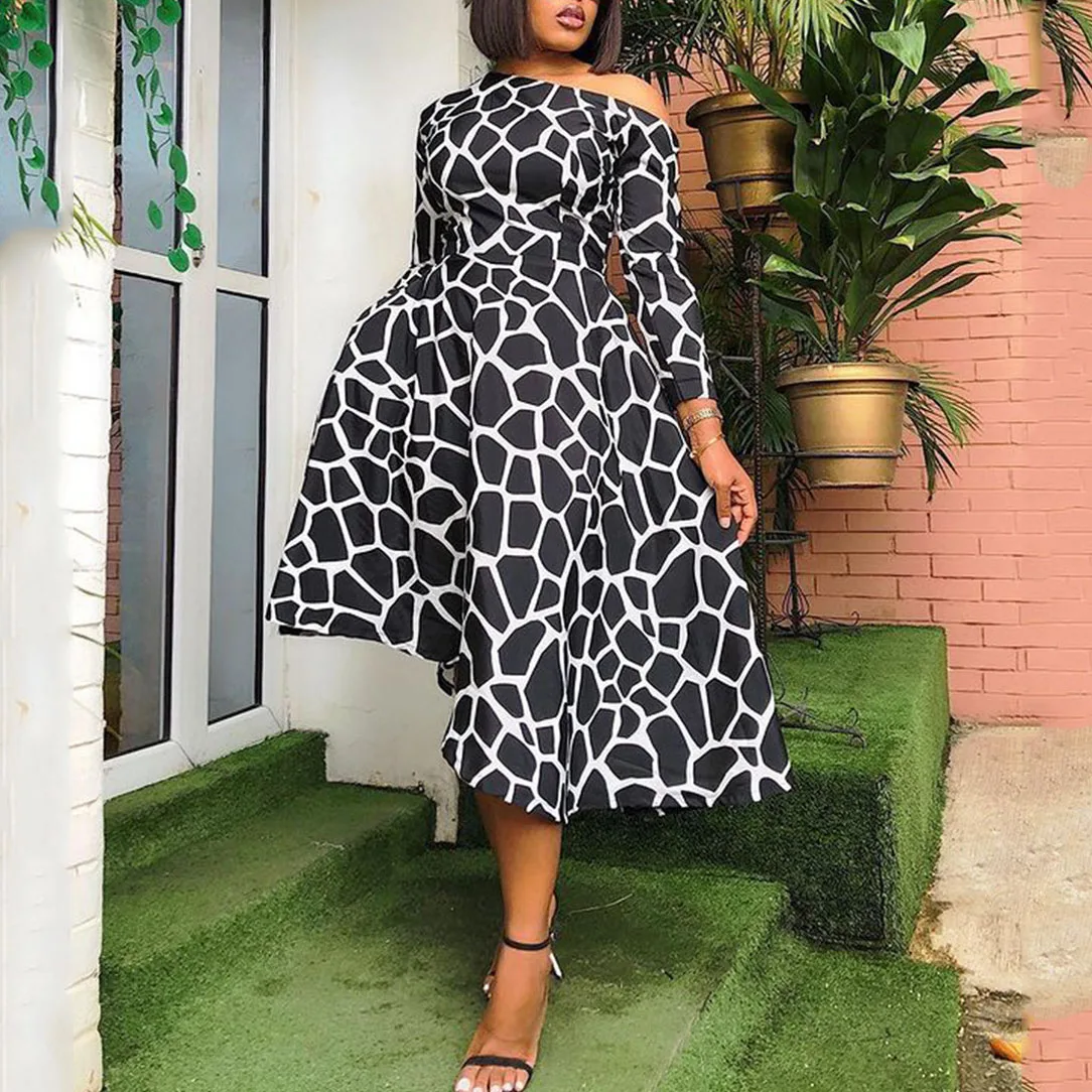 

FS4715D Sexy Fall prints Women elegant long sleeve loose dress