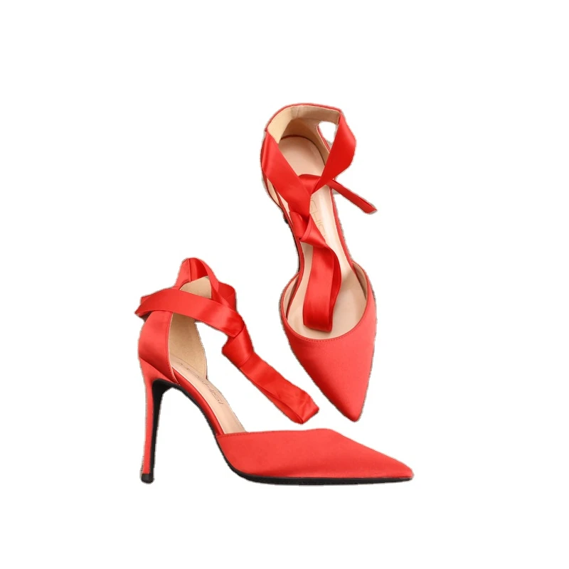 

Fashion Women Shoes High Heel Pointed Satin Hollow Bow Ribbon Sandals