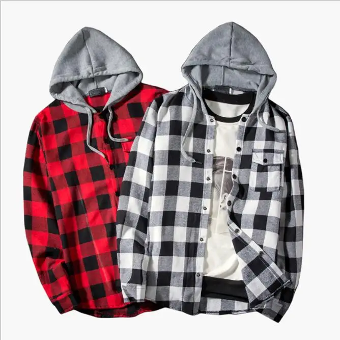 

New fashion personality men's hooded plaid color matching long-sleeved shirt jacket clothing