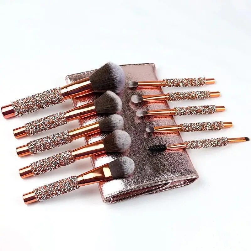 

Hot Sale Portable Travel Glitter Crystal Handle Diamond 10pcs Makeup Brush Set With PU Bag, Show as picture or can customized