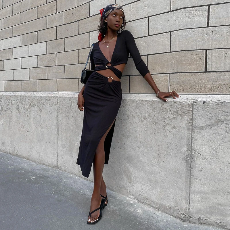 

Sexy Summer Beachwear Women Ring Hollow Out Black Solid Color Long Sleeve Crop Top Split Skirt Two Piece Set
