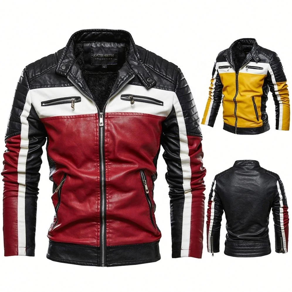 

Designer Colorblock Plus Velvet Leather Jacket Men's Motorcycle Jacket Plus Size Men's Fashionleather Jacket, Pictures