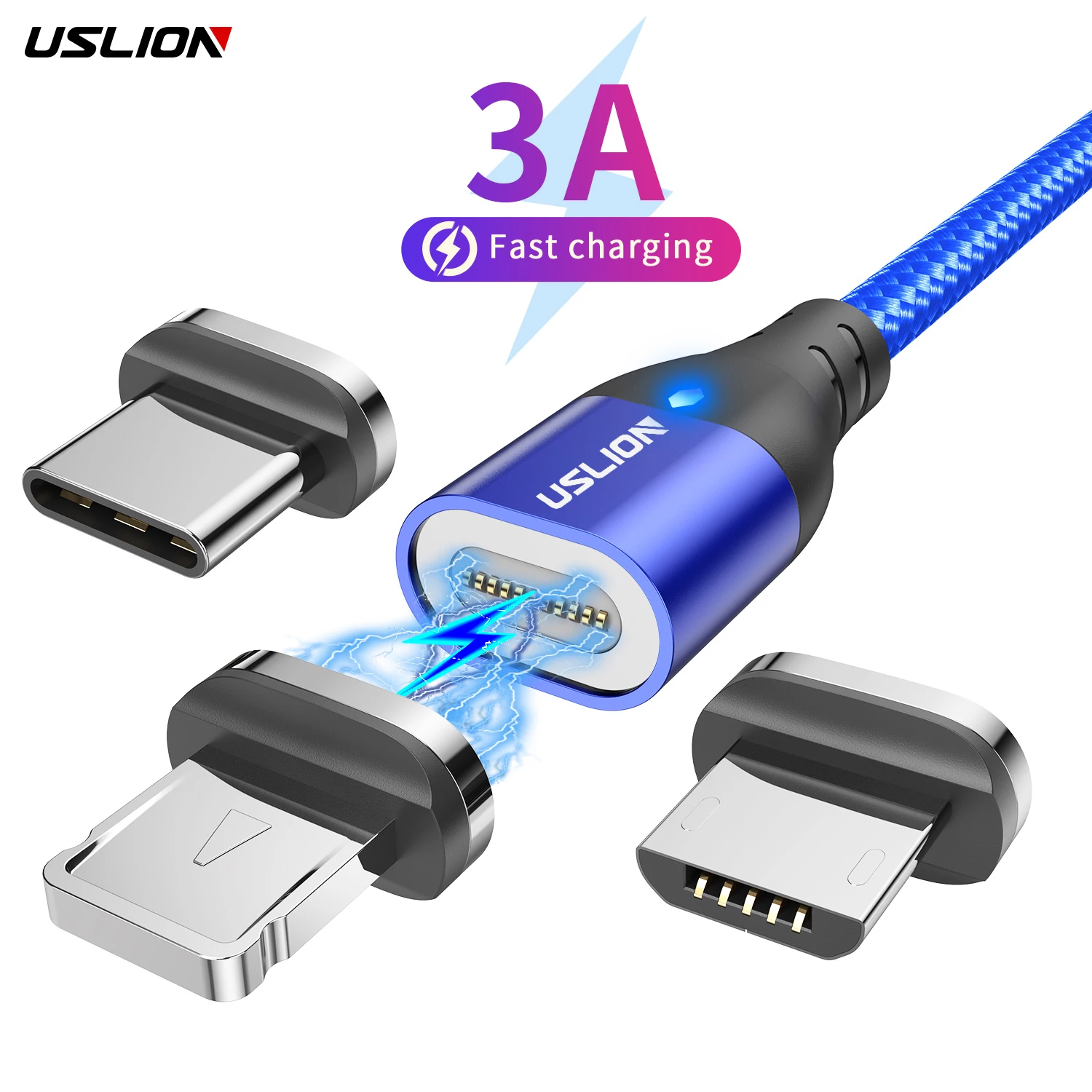 

USLION New 3 In 1 Magnetic Charging Data Cable Nylon Usb Charger Type C Cable 3.0A Fast Charging Cable Usb Micro, Black red blue silver