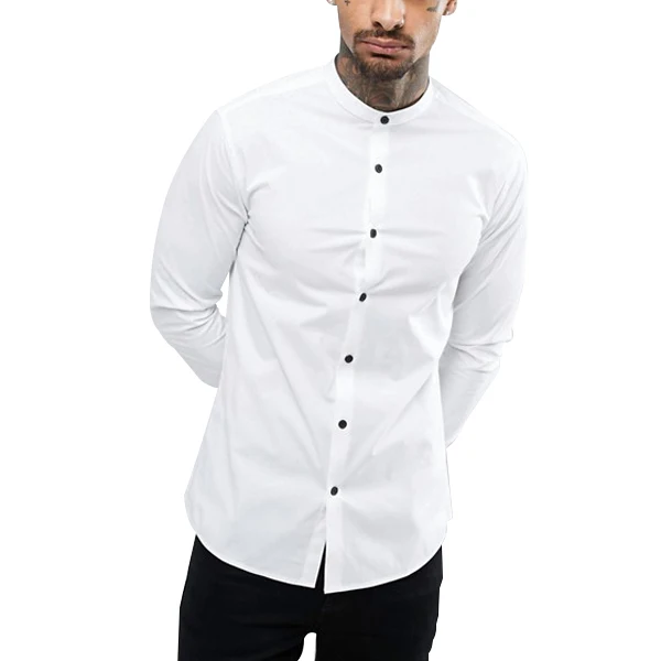 Contrast buttons curved slim fit grandad collar shirt latest shirt designs for men