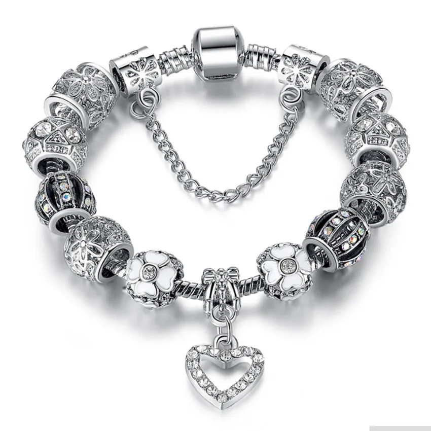 

Crystal Ball Alloy Peach Heart Pendant Diamond DIY Silver Plated Hand Jewelry Women Charm Bracelet